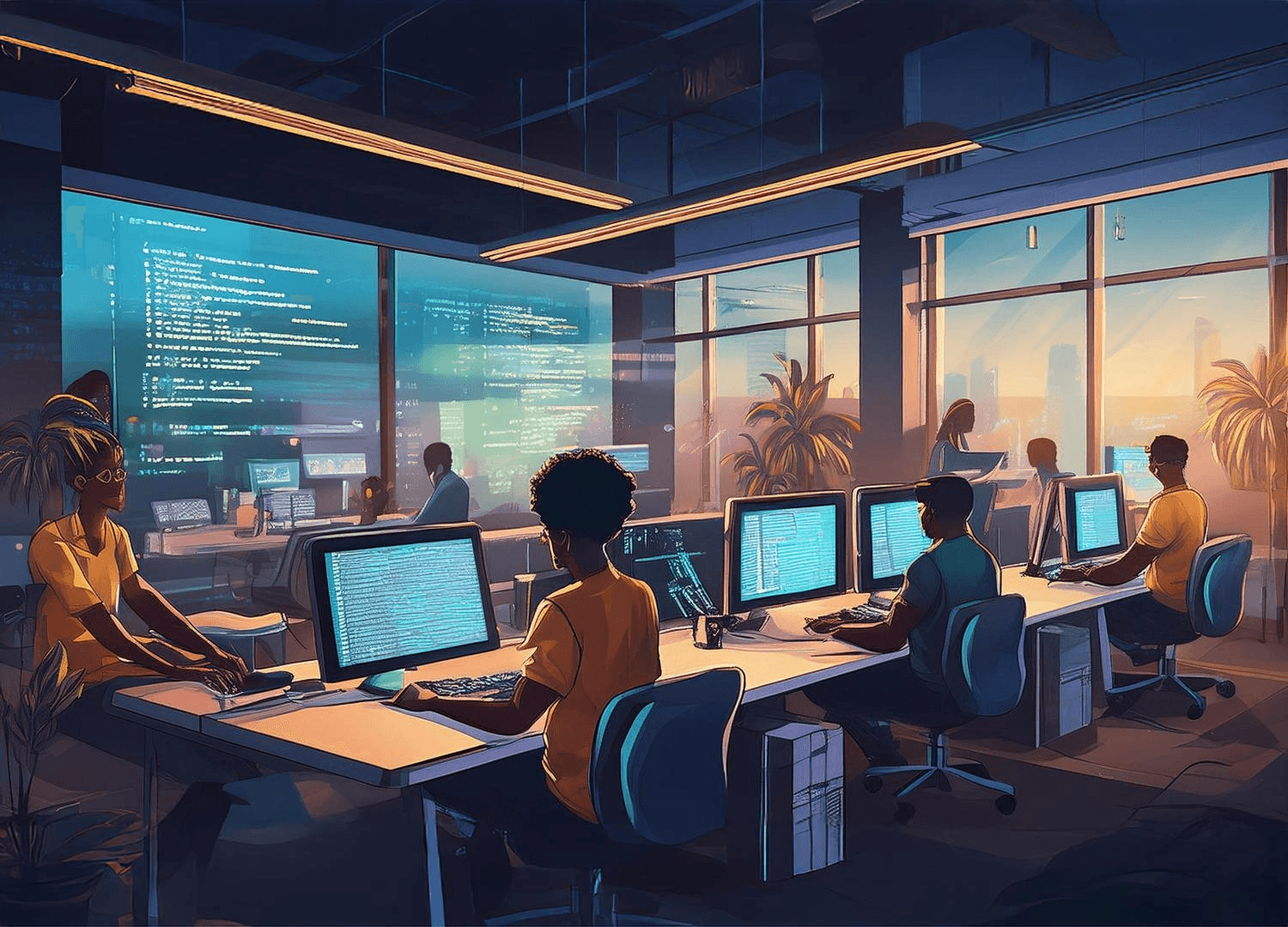 Illustration of the GuruCrafts team working in a modern office at sunset